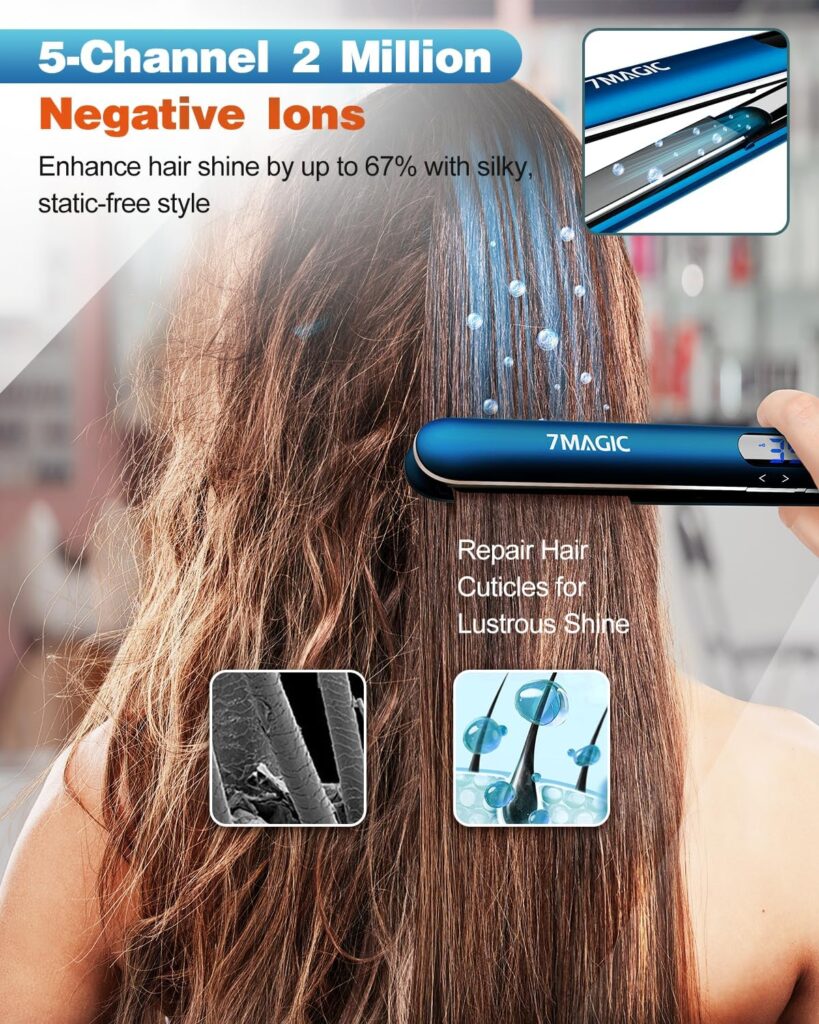 7MAGIC Negative Ion Ceramic Flat Iron with Digital Display - 1 Inch Hair Straightener for Long  Short Hair, 2 in 1 Curling Iron  Straightener, Anti Static  Auto Shut-Off