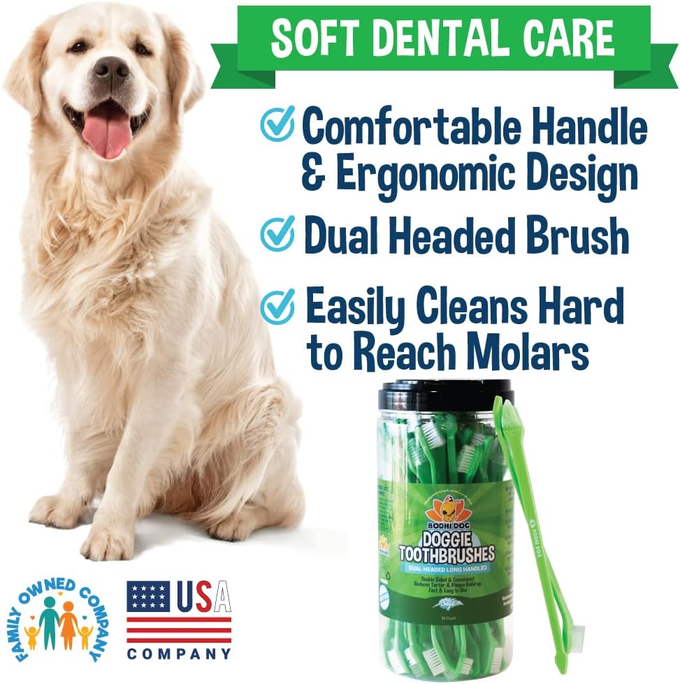 Bodhi Dog Dual-Headed Long Dog  Cat Toothbrush | Puppy Toothbrush with Soft Bristles for Pet Dental Care | Easy Teeth Cleaning Dog Finger Toothbrush, 50 Count