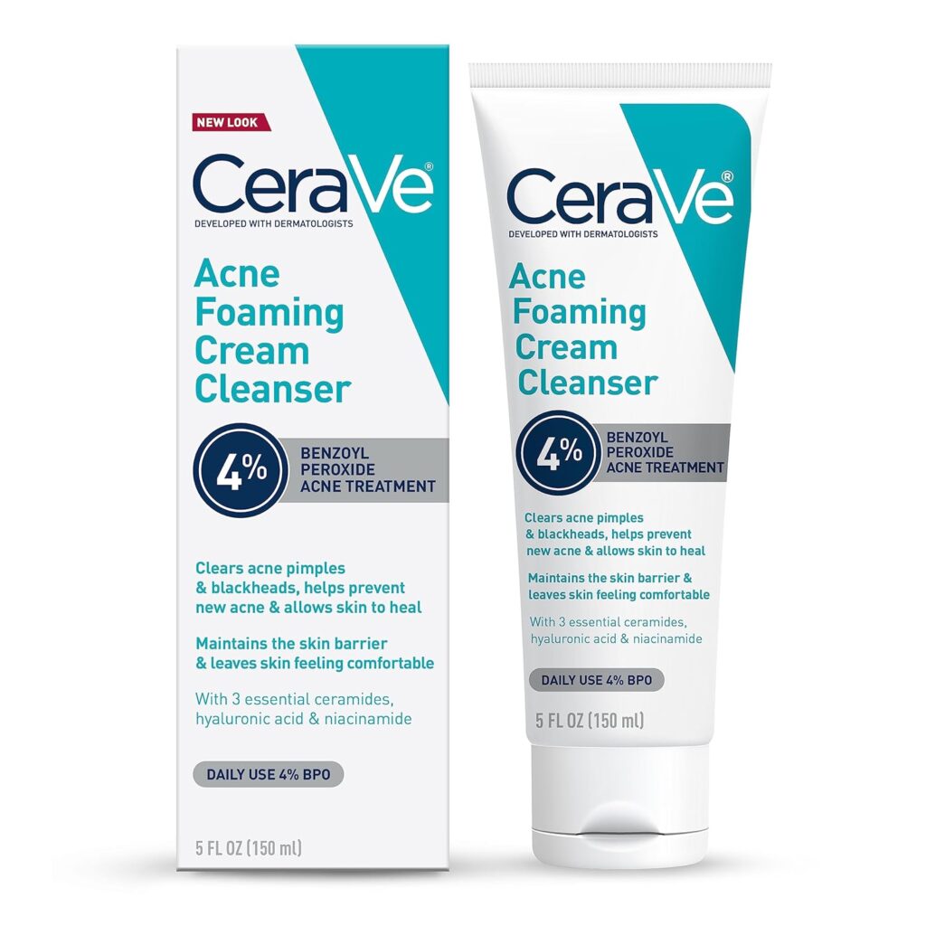 CeraVe Acne Foaming Cream Cleanser | Acne Treatment Face Wash with 4% Benzoyl Peroxide, Hyaluronic Acid, and Niacinamide | Cream to Foam Formula | Fragrance Free Non Comedogenic | 5 Oz