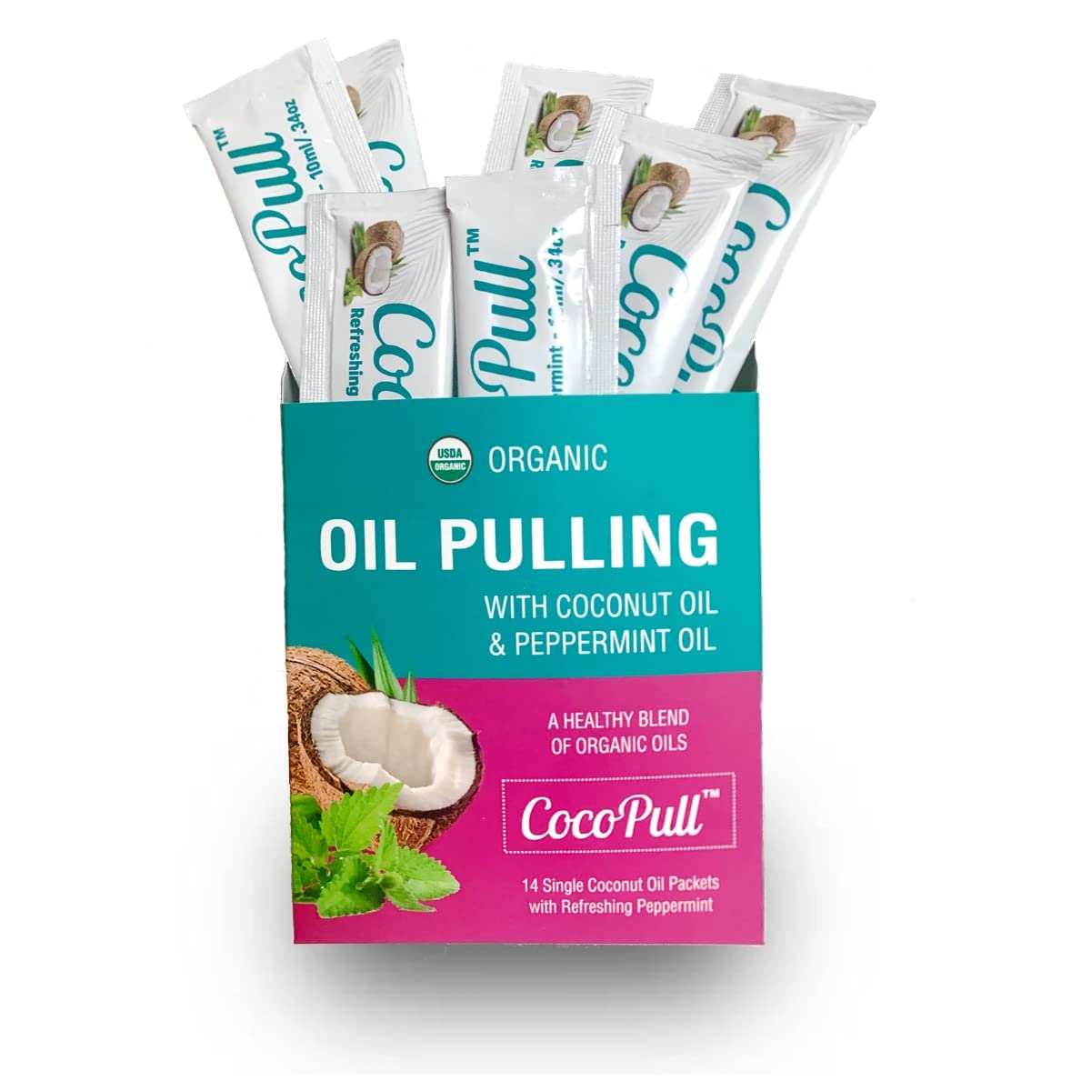 Cocopull - Organic Oil Pulling 14 Packets/Sachets With Coconut Oil And Peppermint Oil For Healthy Teeth, Gums, Bad Breath Remedy. Natural Teeth Whitening.