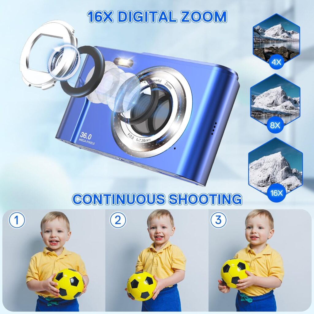 Digital Camera, Bofypoo FHD 1080P 36MP Kids Vlogging Camera with 32GB Card, 16X Zoom Point and Shoot Digital Camera, Portable Mini Camera Compact Camera for Teens,Beginners