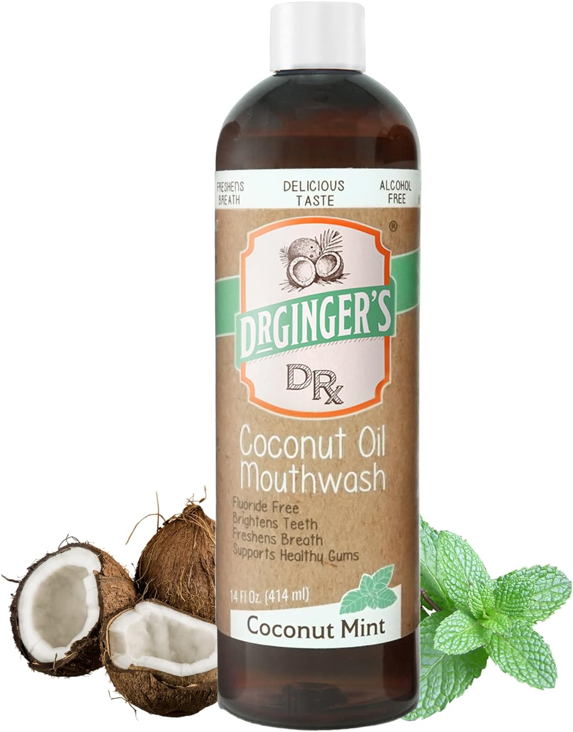 Dr. Gingers Coconut Oil Pulling Mouthwash, All-Natural Oil Pulling  Xylitol to Target Bad Breath, Support Tongue and Gum Health and Brighten Teeth, Fluoride-Free, Coconut Mint Flavor, 14fl oz, 1ct