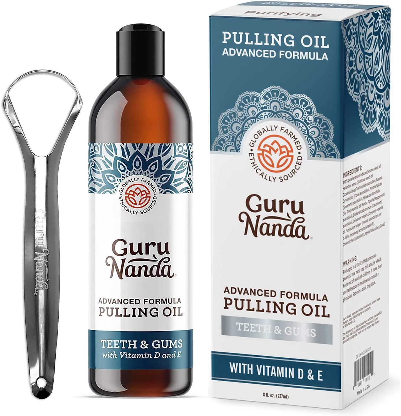 GuruNanda Advanced Oil Pulling with Tongue Scraper - Natural Alcohol Free Mouthwash with Coconut Oil, Vitamins D  E for Healthy Teeth  Gums(8 Fl Oz)