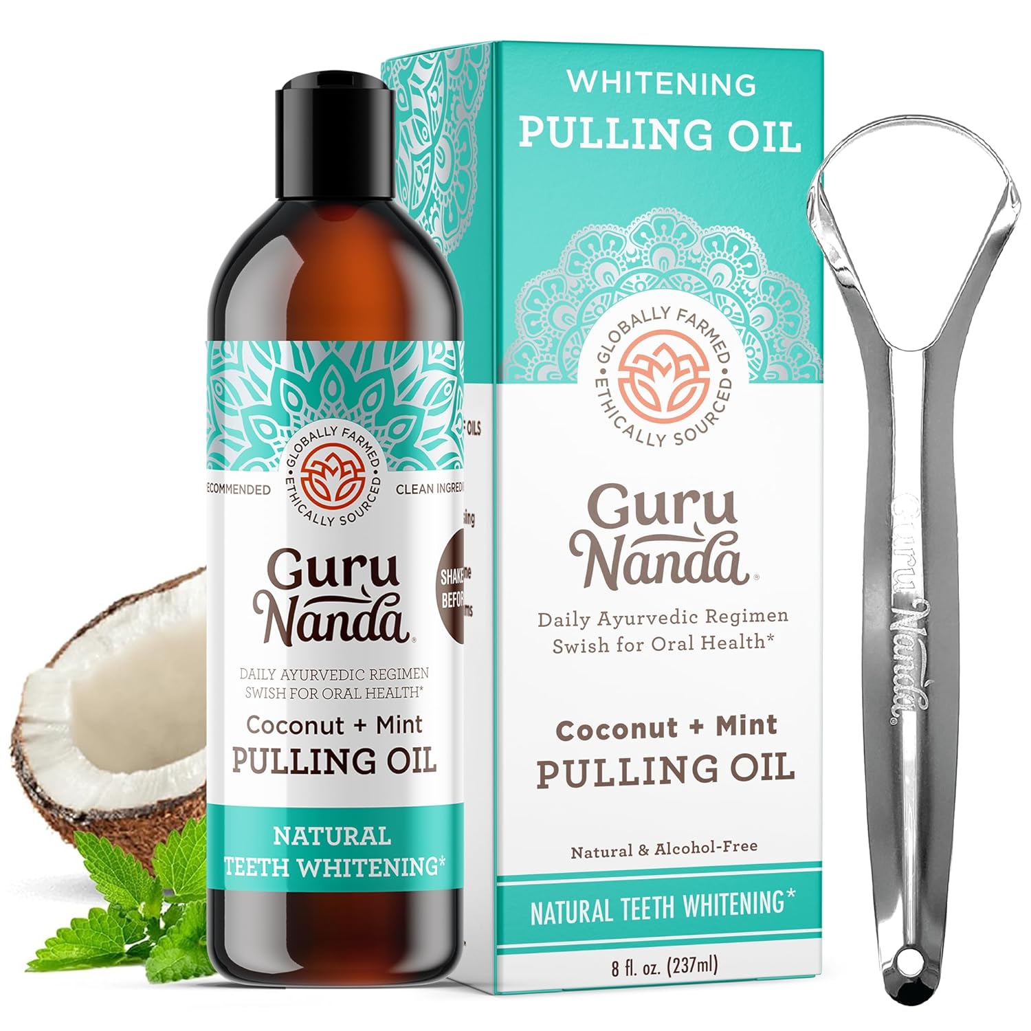Gurunanda Coconut  Peppermint Oil Pulling (8 Fl.oz) With Tongue Scraper - Alcohol Free Mouthwash For Fresh Breath, White Teeth  Healthy Teeth  Gums