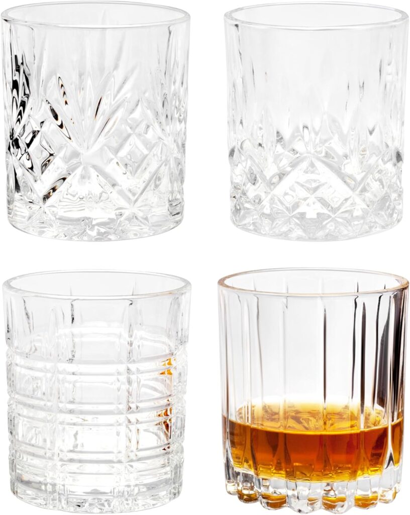 Kanars Whiskey Glasses Set Of 4 - Multi Style Crystal Liquor Glasses 10 Oz - Rocks Glass Barware For Scotch, Bourbon, Rum And Cocktail, Whisky Gifts For Men