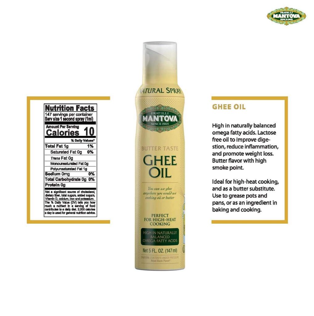 Mantova Ghee Oil, 100% Pure Cooking Oil Spray, Omega-3, Perfect For Keto Snacks, Baking, Grilling, Or Cooking, Our Oil Dispenser Bottle Lets You Spray, Drip, Or Stream With No Waste, 5 Oz