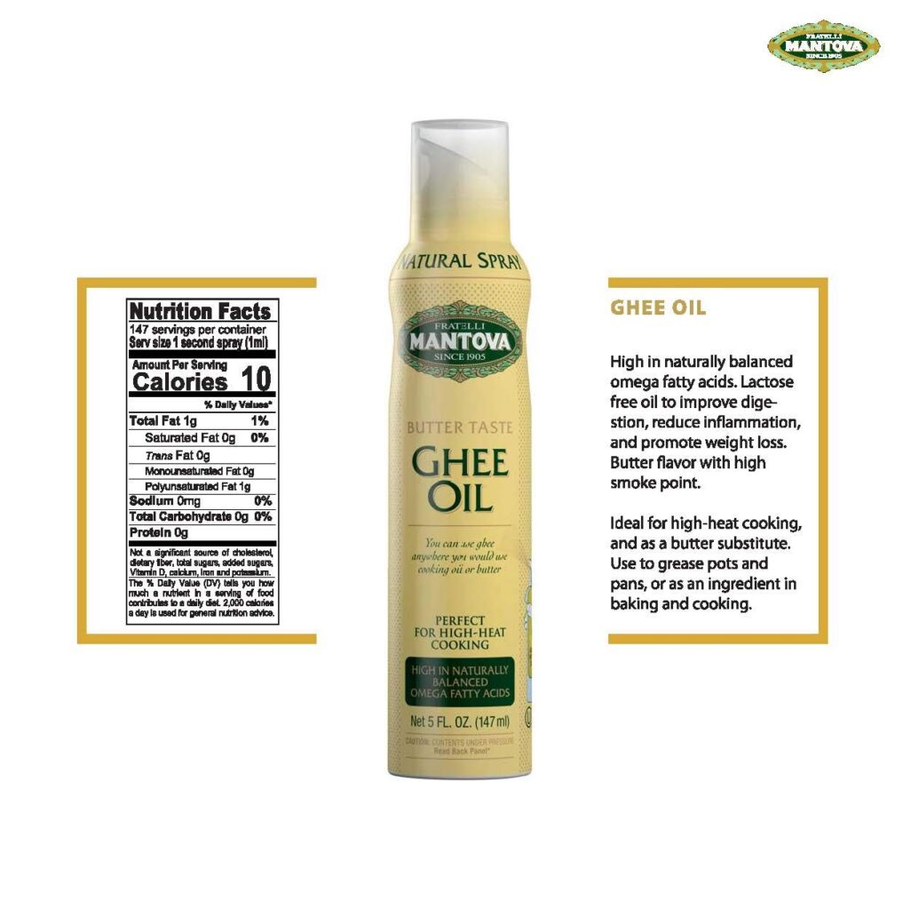 Mantova Ghee Oil, 100% Pure Cooking Oil Spray, Omega-3, perfect for Keto snacks, baking, grilling, or cooking, our oil dispenser bottle lets you spray, drip, or stream with no waste, 5 oz