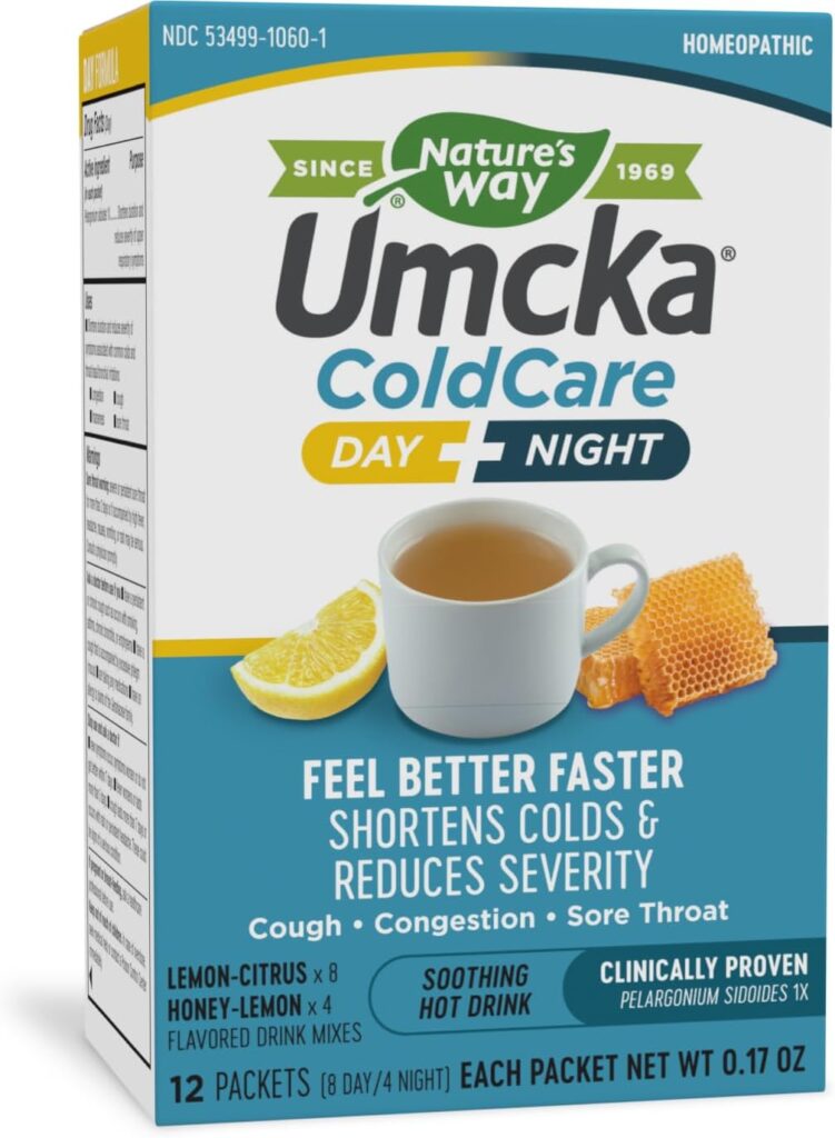 Natures Way Umcka ColdCare Day+Night Homeopathic, Shortens Colds, Sore Throat, Cough, and Congestion, Phenylephrine Free, Lemon  Honey Flavors, 12 Packets Hot Drink Mixes