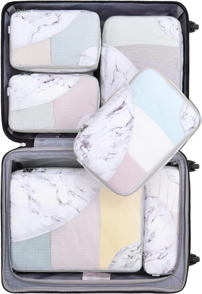 Olarhike 6 Set Packing Cubes For Travel, 4 Various Sizes(Large,Medium,Small,Slim) Luggage Organizer Bags For Travel Accessories Travel Essentials, Travel Cubes For Carry On Suitcases (White Marble)