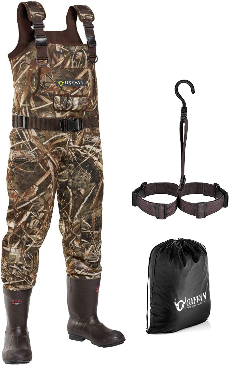 OXYVAN Duck Hunting Waders with 600G Rubber Boots Waterproof Insulated, Neoprene Realtree MAX5 Camo Fishing Chest Waders for Big and Tall Men  Women US 7(Includes Boots HangerStorage Bag)