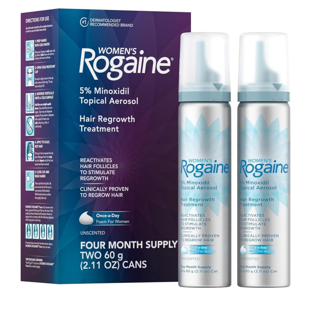 Rogaine Womens 5% Minoxidil Foam, Topical Once-A-Day Hair Loss Treatment for Women to Regrow Fuller, Thicker Hair, Unscented, 4-Month Supply, 2 x 2.11 oz