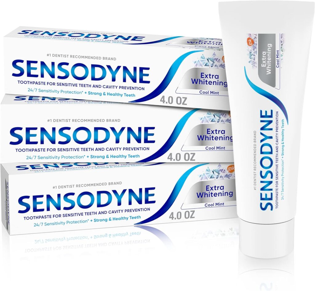 Sensodyne Extra Whitening Sensitive Teeth and Cavity Prevention Whitening Toothpaste, Amazon Exclusive, Cool Mint - 4 Ounces (Pack of 3)