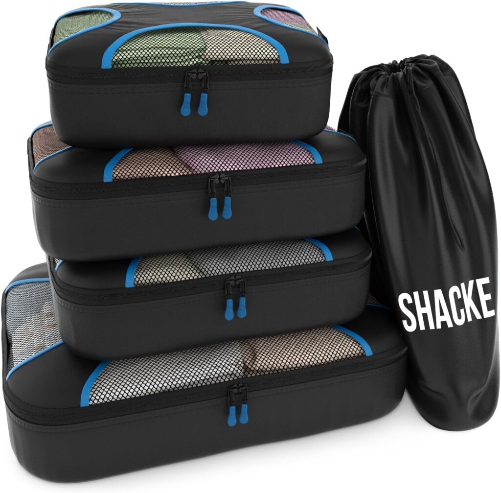 Shacke Pak - 5 Set Packing Cubes - Travel Organizers With Laundry Bag (Black/Blue)