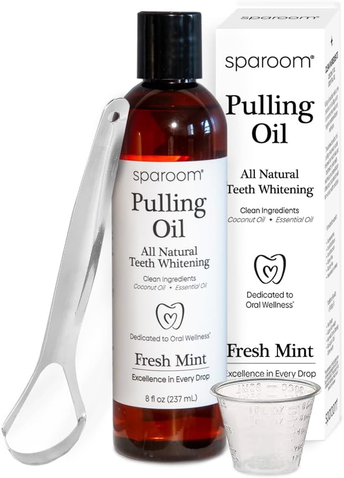 Sparoom Ayurveda Pulling Oil Mouthwash And Tongue Scraper; Made With Coconut Oil And 7 Essential Oils For Fresh Breath, Teeth Whitening And Gum Health, Fresh Mint Scent, 8 Fl. Oz