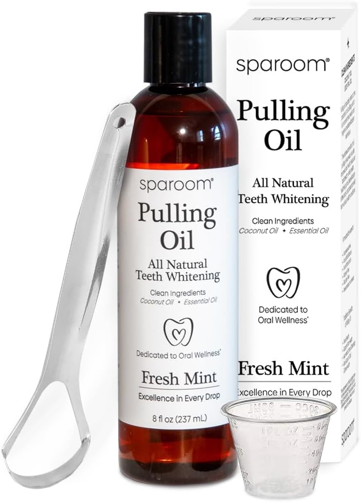 SpaRoom Ayurveda Pulling Oil Mouthwash and Tongue Scraper; Made with Coconut Oil and 7 Essential Oils for Fresh Breath, Teeth Whitening and Gum Health, Fresh Mint Scent, 8 Fl. Oz