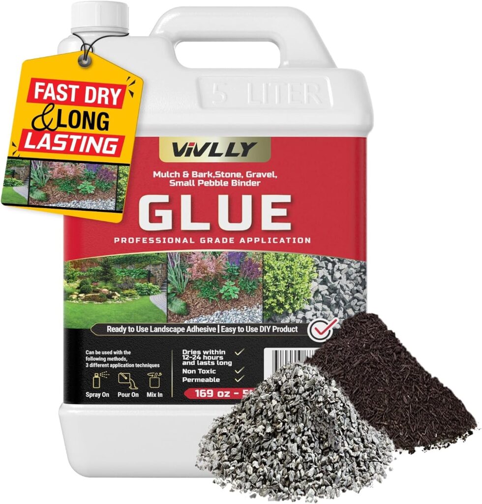 Vivlly Mulch  Bark, Stone, Gravel, Small Pebble Binder Glue! – 169 Oz - 5Ltrs - 1.32 Gallon - Fast-Dry Ready To Use Resin For Spray - Strong Landscape Maintenance - High Strength Stabilizer Lock