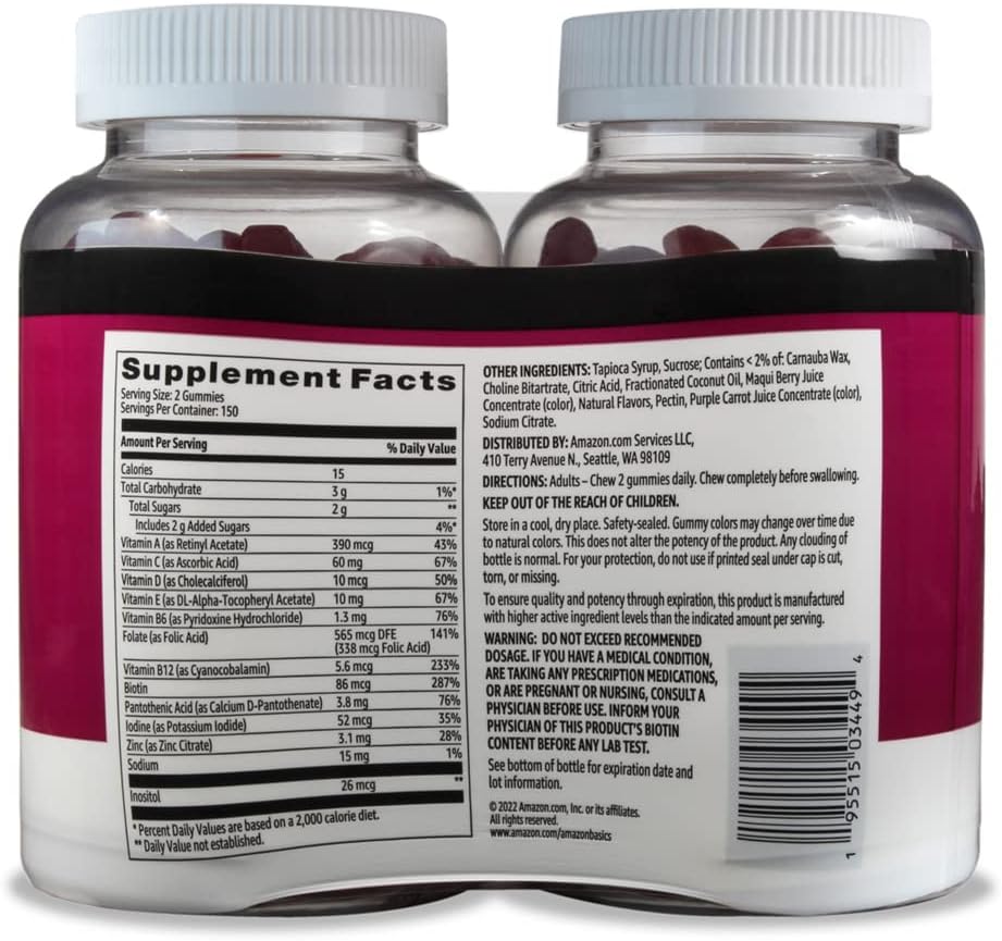 Amazon Basics Adult Multivitamin, 150 Gummies, 75-Day Supply, Mixed Berry  Cherry (Previously Solimo)