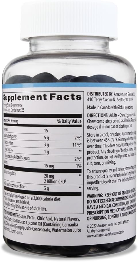 Amazon Basics Prebiotic  Probiotic Gummies, 2 Billion Cfu, Blue Raspberry, 50 Count (2 Per Serving) (Previously Solimo)