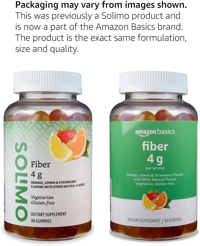 Amazon Basics (Previously Solimo) Fiber 4G Gummy - Digestive Health, Supports Regularity, Orange, Lemon  Strawberry, 90 Gummies (2 Per Serving)