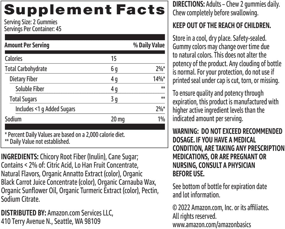 Amazon Basics (Previously Solimo) Fiber 4G Gummy - Digestive Health, Supports Regularity, Orange, Lemon  Strawberry, 90 Gummies (2 Per Serving)