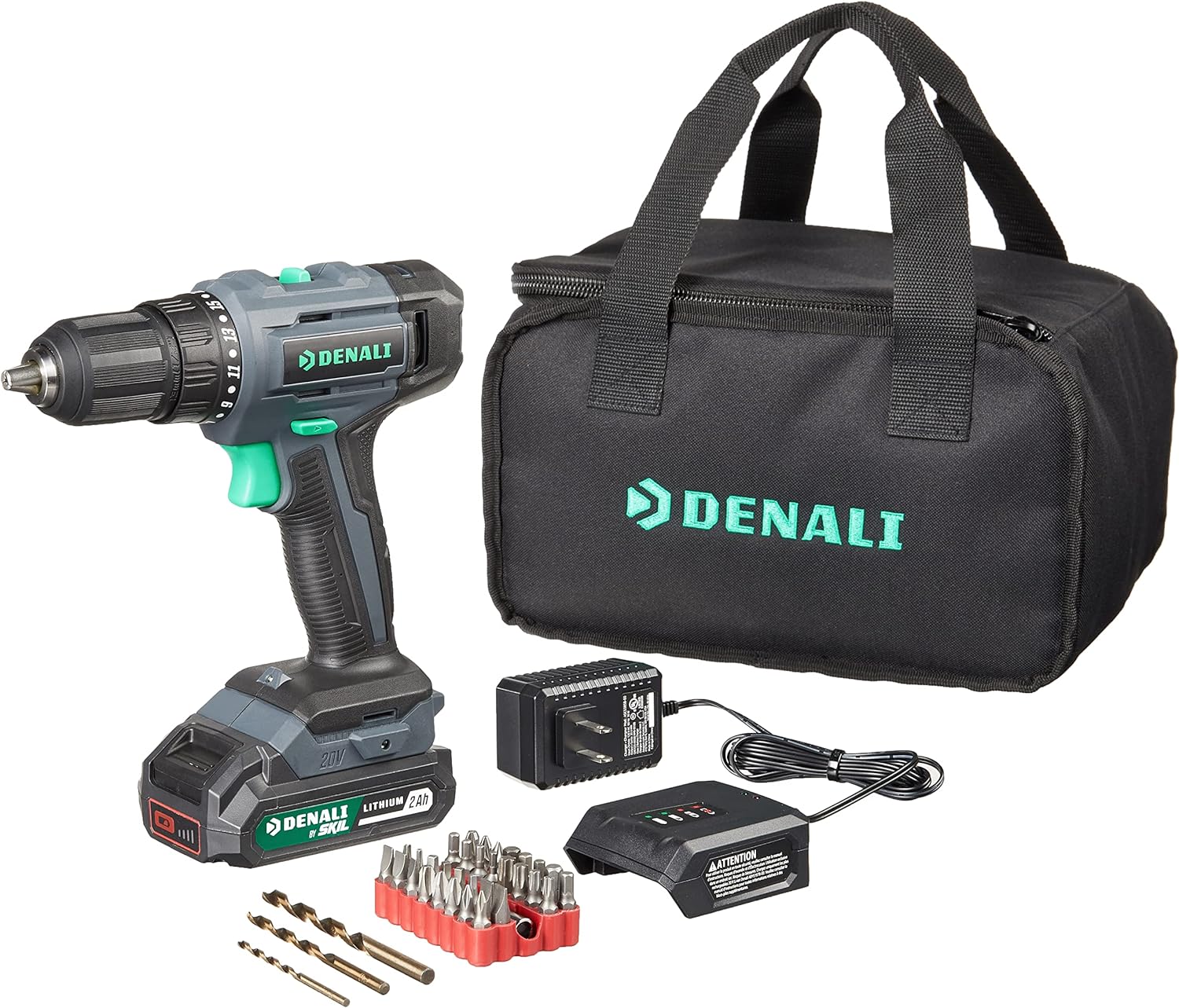 Amazon Brand - Denali By Skil 20V Drill Driver Kit With 36 Piece Bit Set, Includes 2.0Ah Lithium Battery, 1A Compact Charger And Carry Bag, Blue