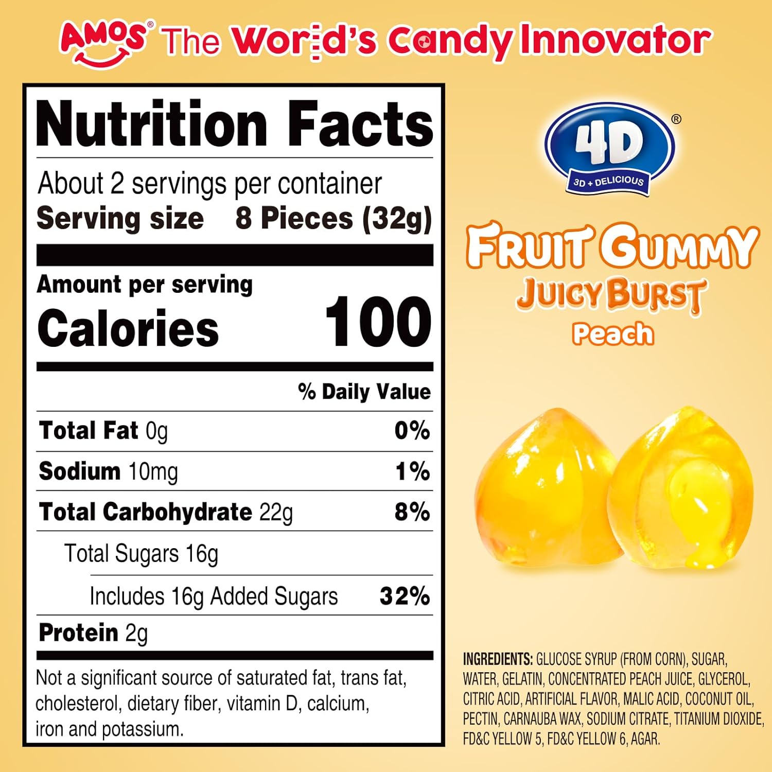 Amos 4D Gummy Candy Juice Burst, Yellow Peach Flavor Gluten Free Snacks, Resealable 2.29Oz Pack, Pack Of 12