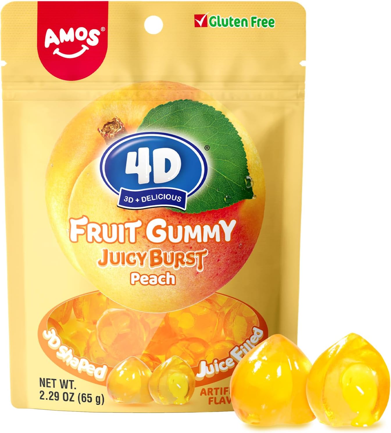 Amos 4D Gummy Candy Juice Burst, Yellow Peach Flavor Gluten Free Snacks, Resealable 2.29Oz Pack, Pack Of 12