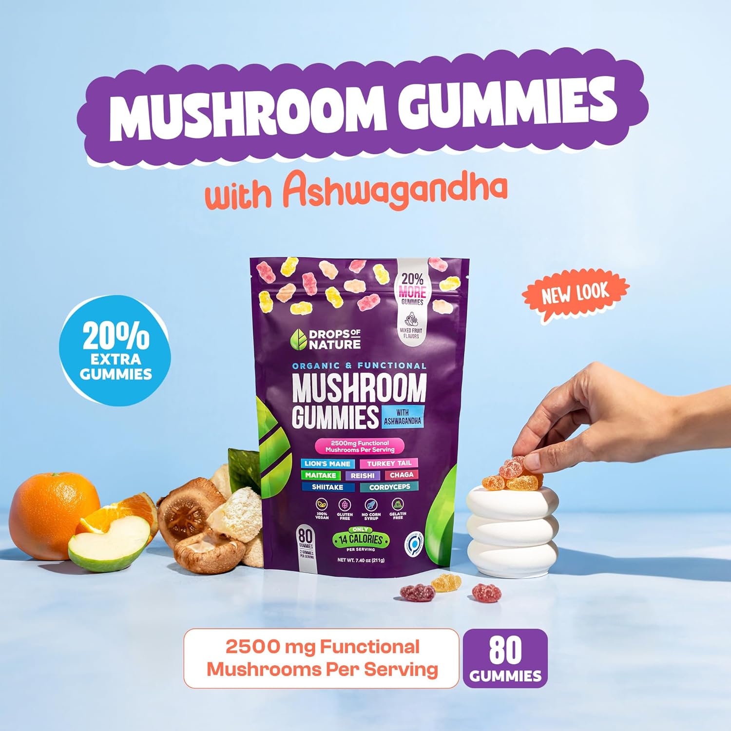 Ashwagandha  Lions Mane Supplement Gummies - Comprehensive Mushroom Supplement For Cognitive  Immune Support, Vegan Blend With Reishi, Cordyceps - Low Carb, 80 Organic Mushroom Gummies
