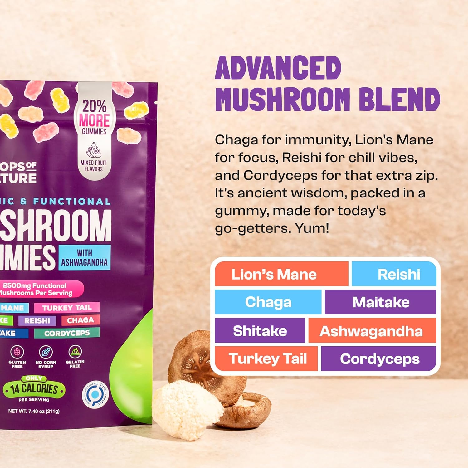 Ashwagandha  Lions Mane Supplement Gummies - Comprehensive Mushroom Supplement For Cognitive  Immune Support, Vegan Blend With Reishi, Cordyceps - Low Carb, 80 Organic Mushroom Gummies