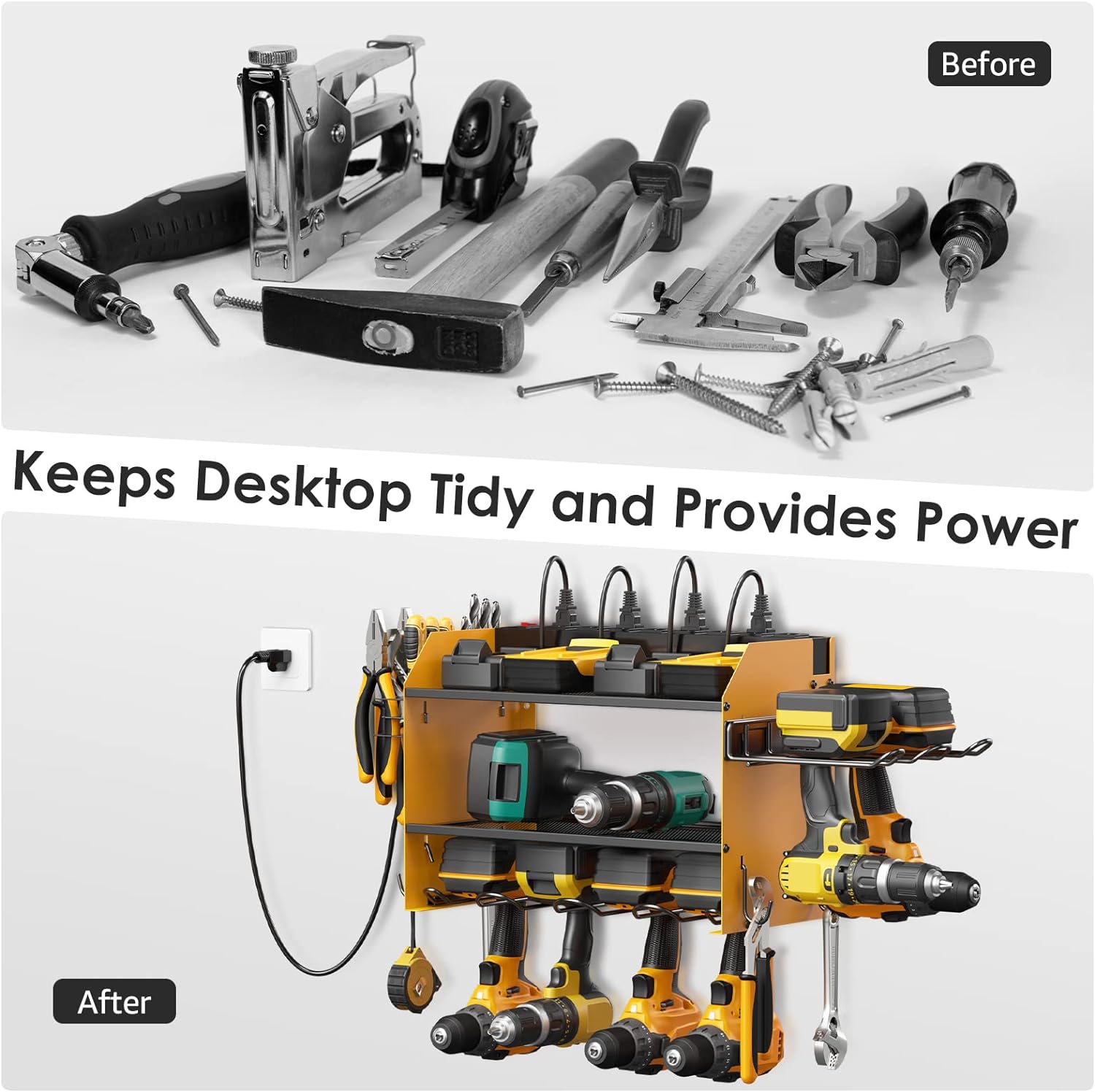 Cccei Modular Power Tool Organizer Wall Mount Charging Station, Black 6 Drills Holder With 8 Plug Power Strip, Garage Drill Battery Heavy Duty Metal Shelf, Utility Rack With Hooks, Side Storage.