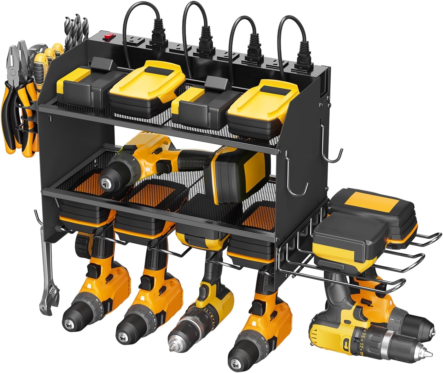 Cccei Modular Power Tool Organizer Wall Mount Charging Station, Black 6 Drills Holder With 8 Plug Power Strip, Garage Drill Battery Heavy Duty Metal Shelf, Utility Rack With Hooks, Side Storage.
