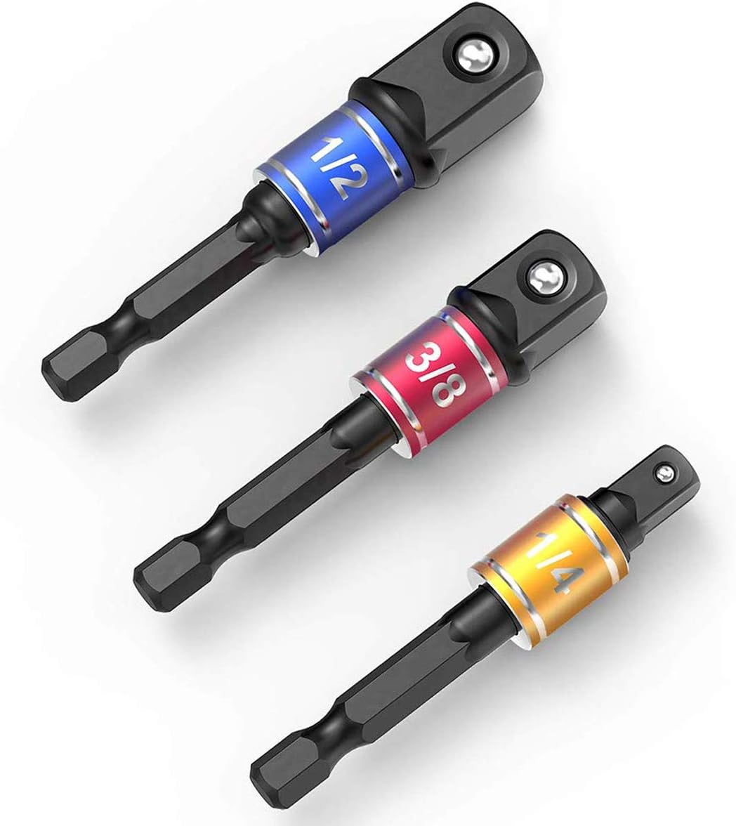 Cigotu Impact Grade Socket Adapter/Extension Set Turns Power Drill Into High Speed Nut Driver,1/4-Inch Hex Shank To Drive For Adapters To Use With Drill Chucks, Sizes 1/4 3/8 1/2, Cr-V, 3-Piece