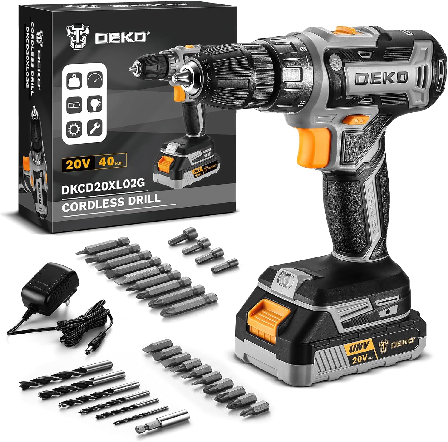 Deko Pro 20V Cordless Drill Set With Battery And Charger - Electric Power Tool Drill Driver Kit