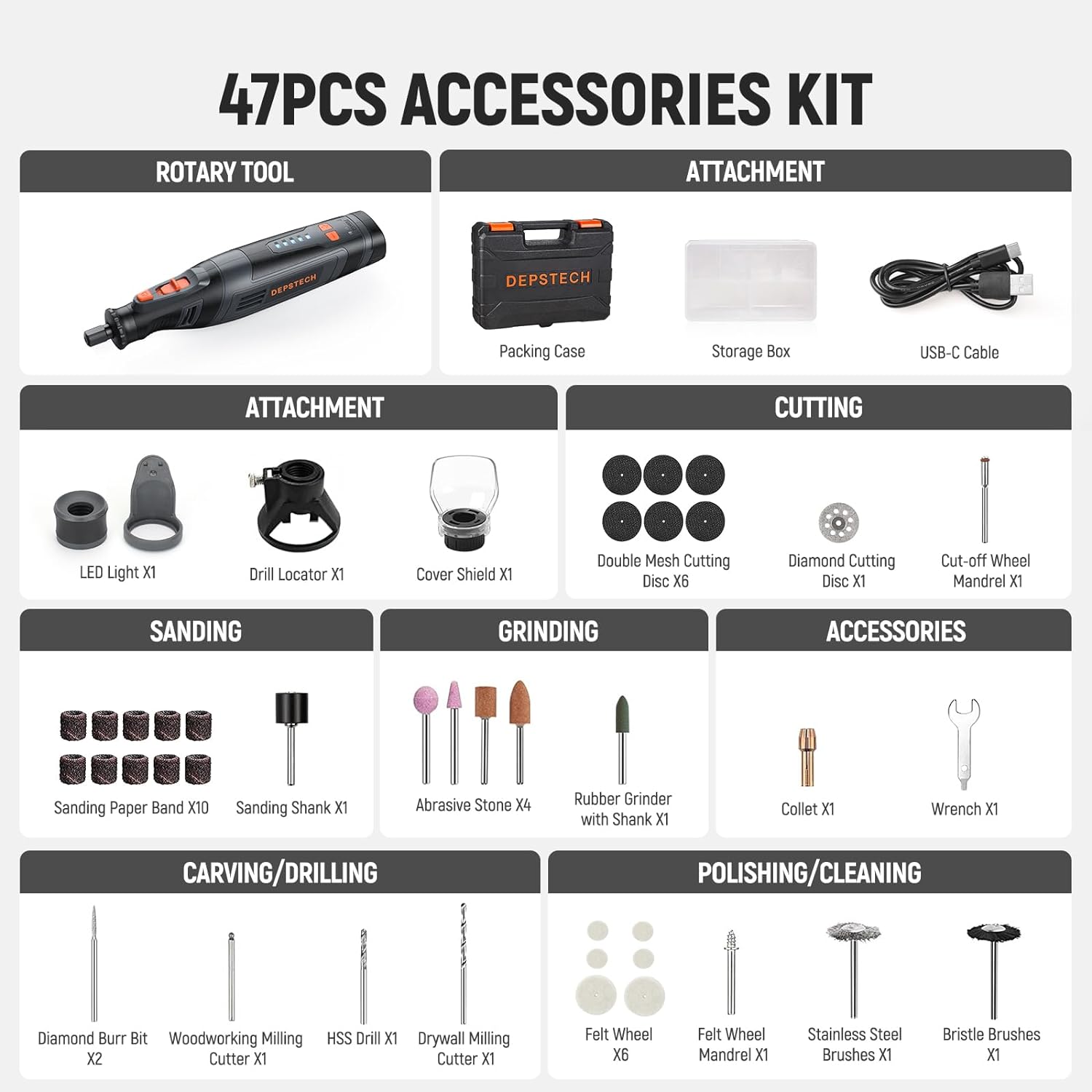 Depstech Cordless Rotary Tool Kit, 8V 2.5Ah Larger Battery, 5-Speed 30000Rpm Max, Led Work Light, Power Multi Tool 47Pcs Durable Accessories Set For Carving, Polishing, Sanding, Drilling, Diy Crafts