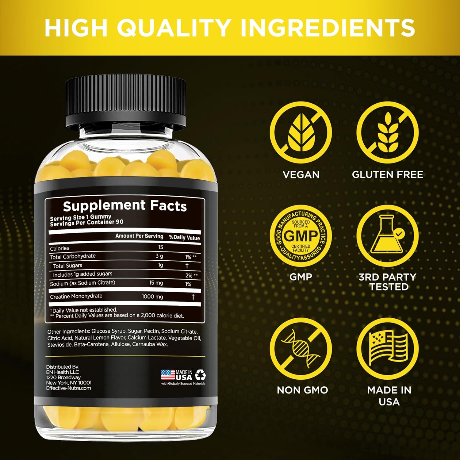 Effective Nutra Creatine Monohydrate Gummies 90Ct  Sugar Free Saffron Gummies 90Ct