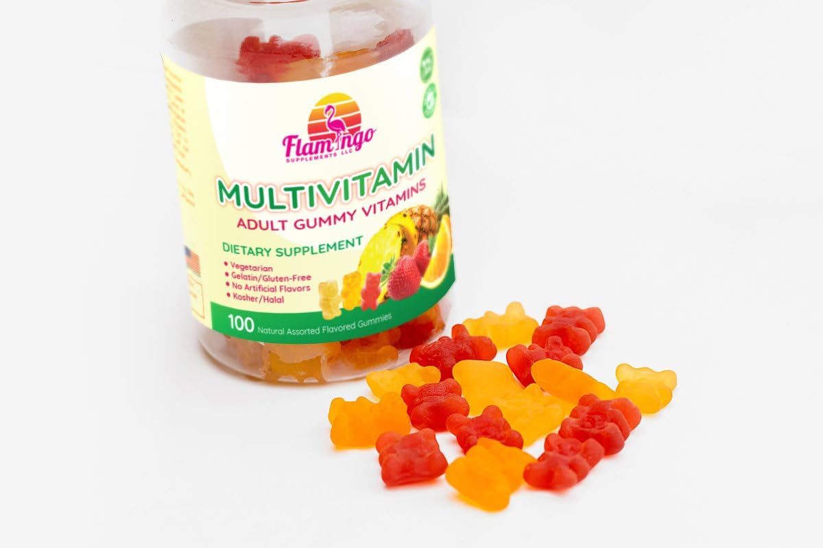 Flamingo Supplements Multivitamin Gummies | Vegan Friendly, Kosher Halal No Gluten Or Gelatin, No Gmo| For Men, Women  Kids| 3 Natural Flavors | Vitamins C, B3, B12, Biotin, Zinc  More| 100 Gummies