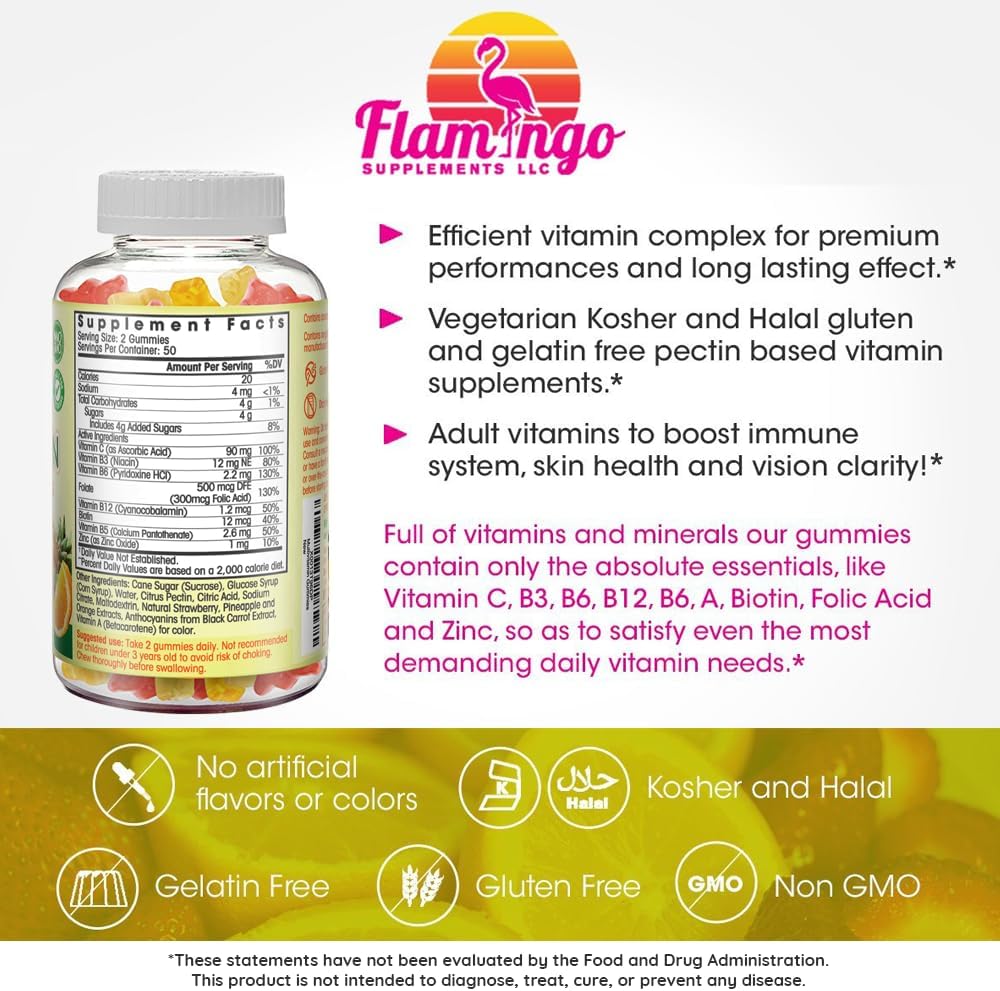 Flamingo Supplements Multivitamin Gummies | Vegan Friendly, Kosher Halal No Gluten Or Gelatin, No Gmo| For Men, Women  Kids| 3 Natural Flavors | Vitamins C, B3, B12, Biotin, Zinc  More| 100 Gummies