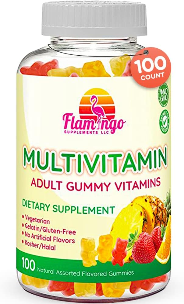 Flamingo Supplements Multivitamin Gummies | Vegan Friendly, Kosher Halal No Gluten Or Gelatin, No Gmo| For Men, Women  Kids| 3 Natural Flavors | Vitamins C, B3, B12, Biotin, Zinc  More| 100 Gummies