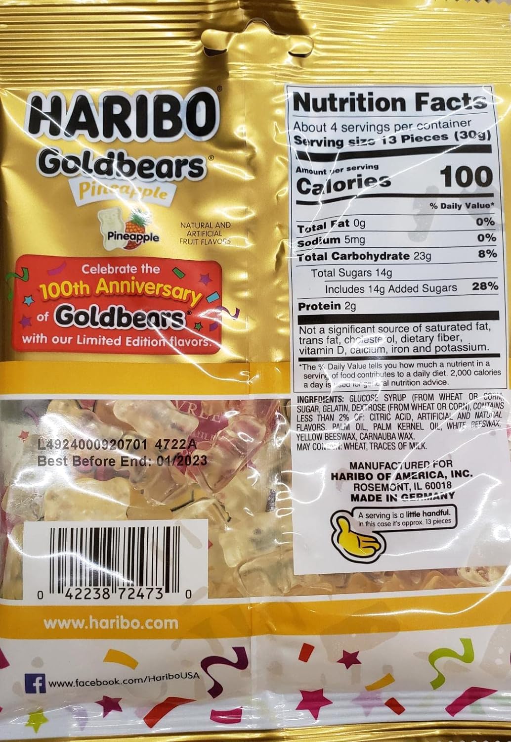 Haribo All Pineapple Goldbears 100Th Anniversary Edition Net Wt 4Oz (113G) Shar Size Gummy Candy Limited Edition Flavor