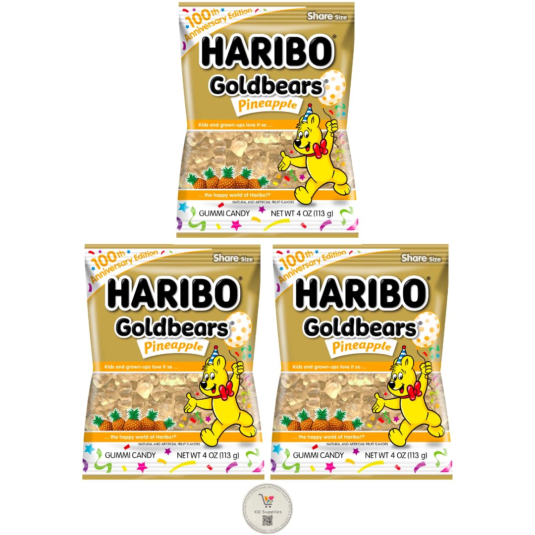 Haribo Gummi Candy - Soft  Chewy Delicious Gummies, (Pack Of 3) 4 Oz Share Size Peg Bags + Bonus Mystery Candy (Gold Bears Pineapple)