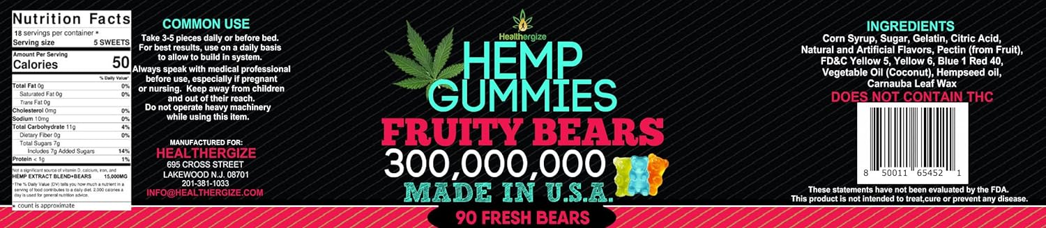 Healthergize Hemp Gummies Premium-Made In Usa-Best Tasting Fresh And Fruity Hemp Gummy Bears-Natural Hemp Candy-For Peace And Relaxation, Muscles, Back, Knees, Joints, Party Natural Candy-90 Bears