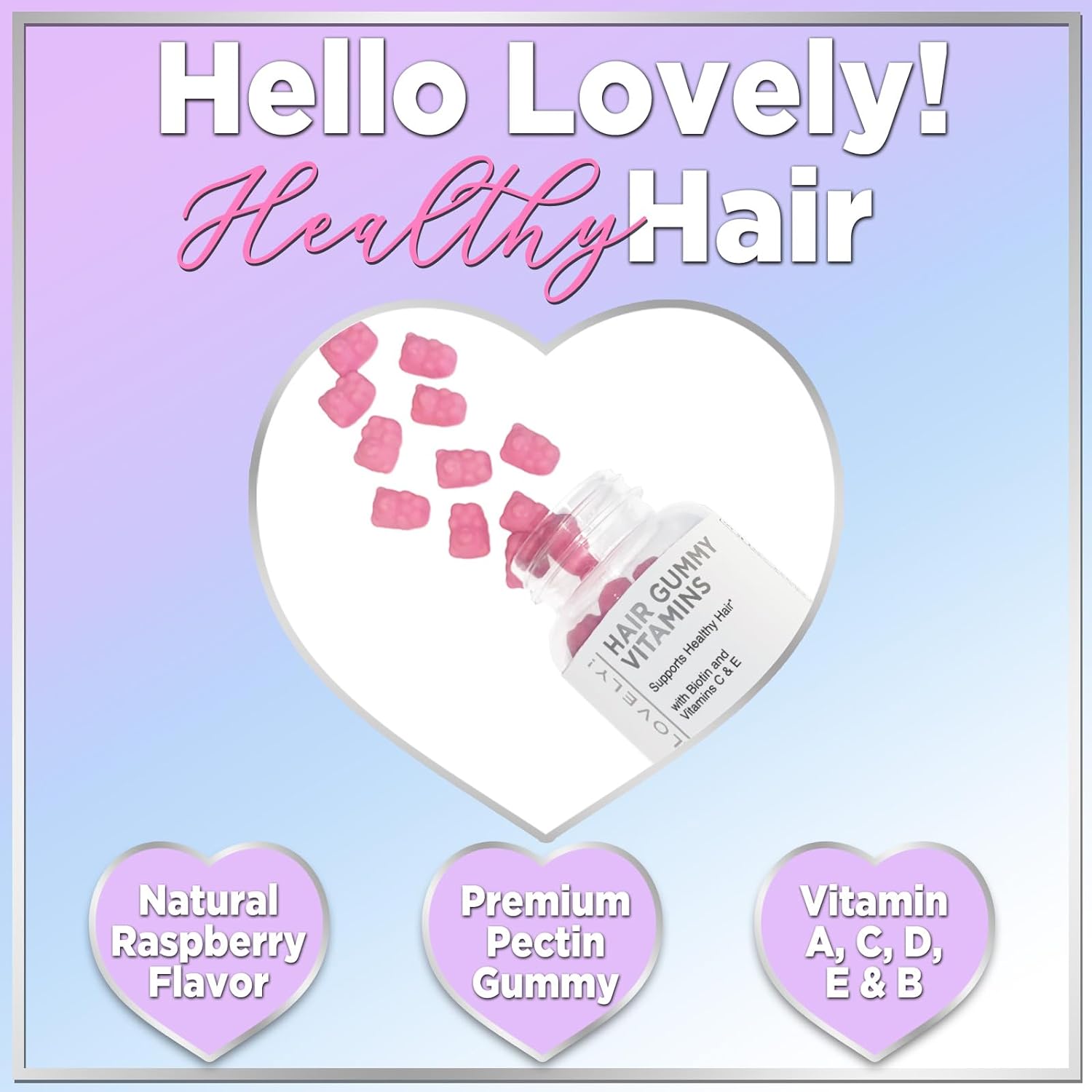 Hello Lovely! Hair Vitamins Gummies With Biotin 5000 Mcg Vitamin E  C Support Hair Growth, Premium Vegetarian Non-Gmo, For Stronger Beautiful Hair  Nails Supplement - 120 Gummy Bears