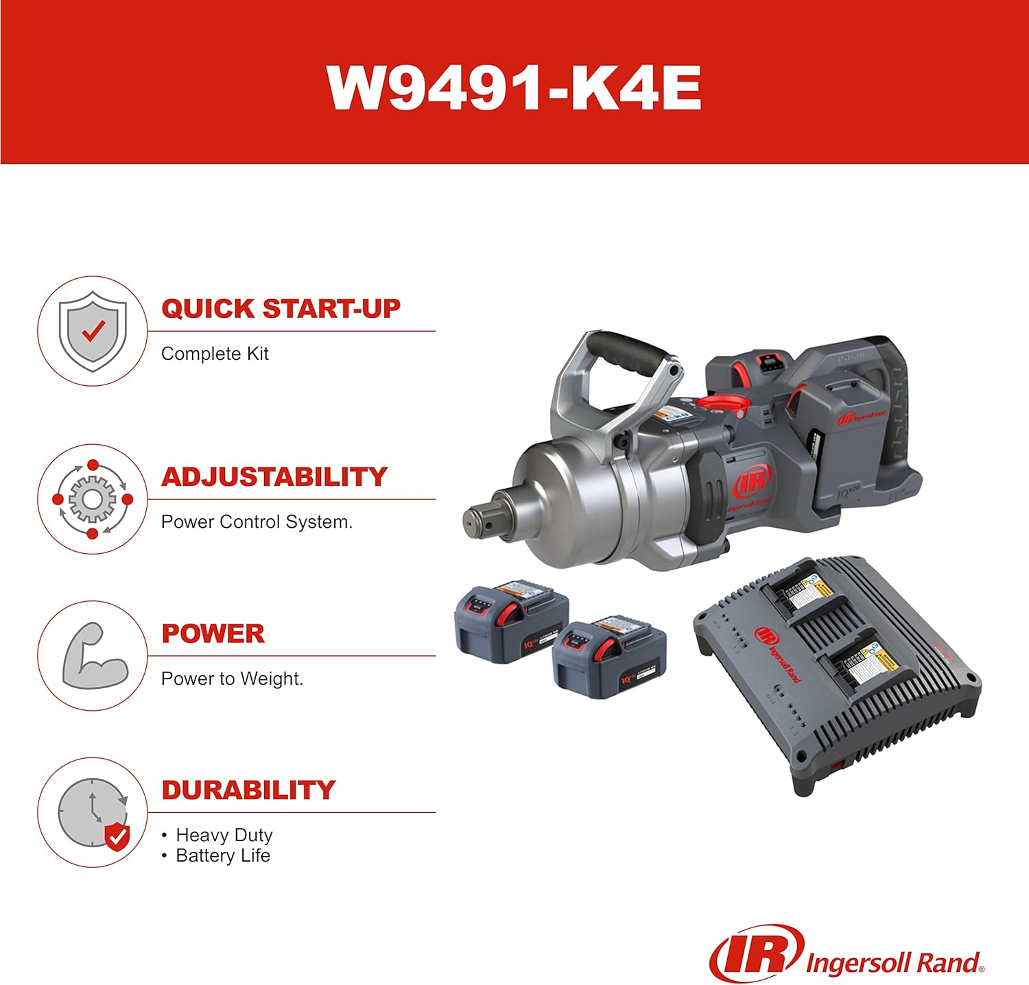 Ingersoll Rand Power Tools Model W9691-K4E - 20V High-Torque 1 Drive Cordless Impact Wrench Kit, 3000 Ft-Lbs Nut-Busting Torque, 4 Batteries And Charger, 6 Extended Anvil