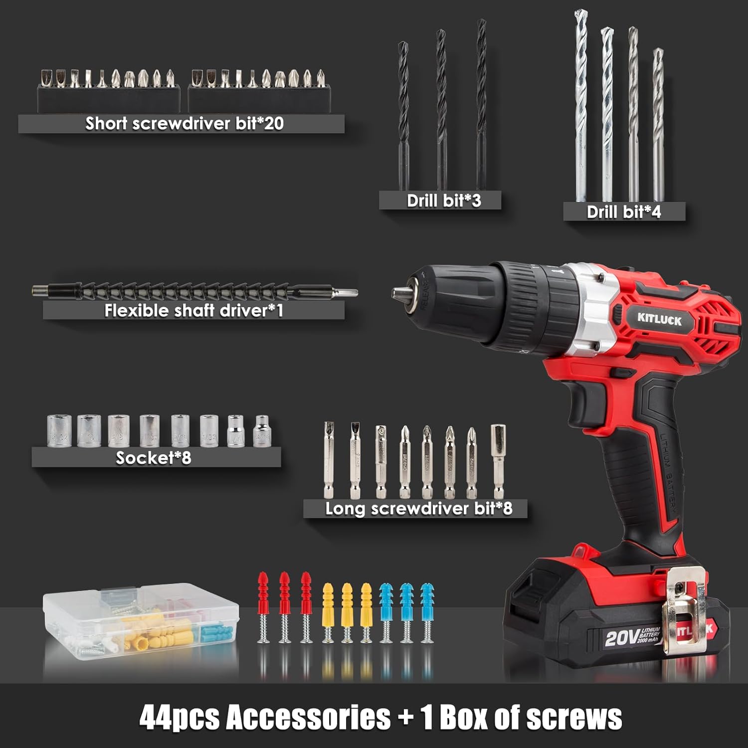 Kitluck Cordless Drill Set, 20V Power Drill Kit With 2 X 2.0Ah Battery, 44Pcs Drill/Driver Bits, 1 Box Screws, Bubble Level, 3/8 Chuck Electric Drill, 32Nm, 21+3 Position, 2 Variable Speed