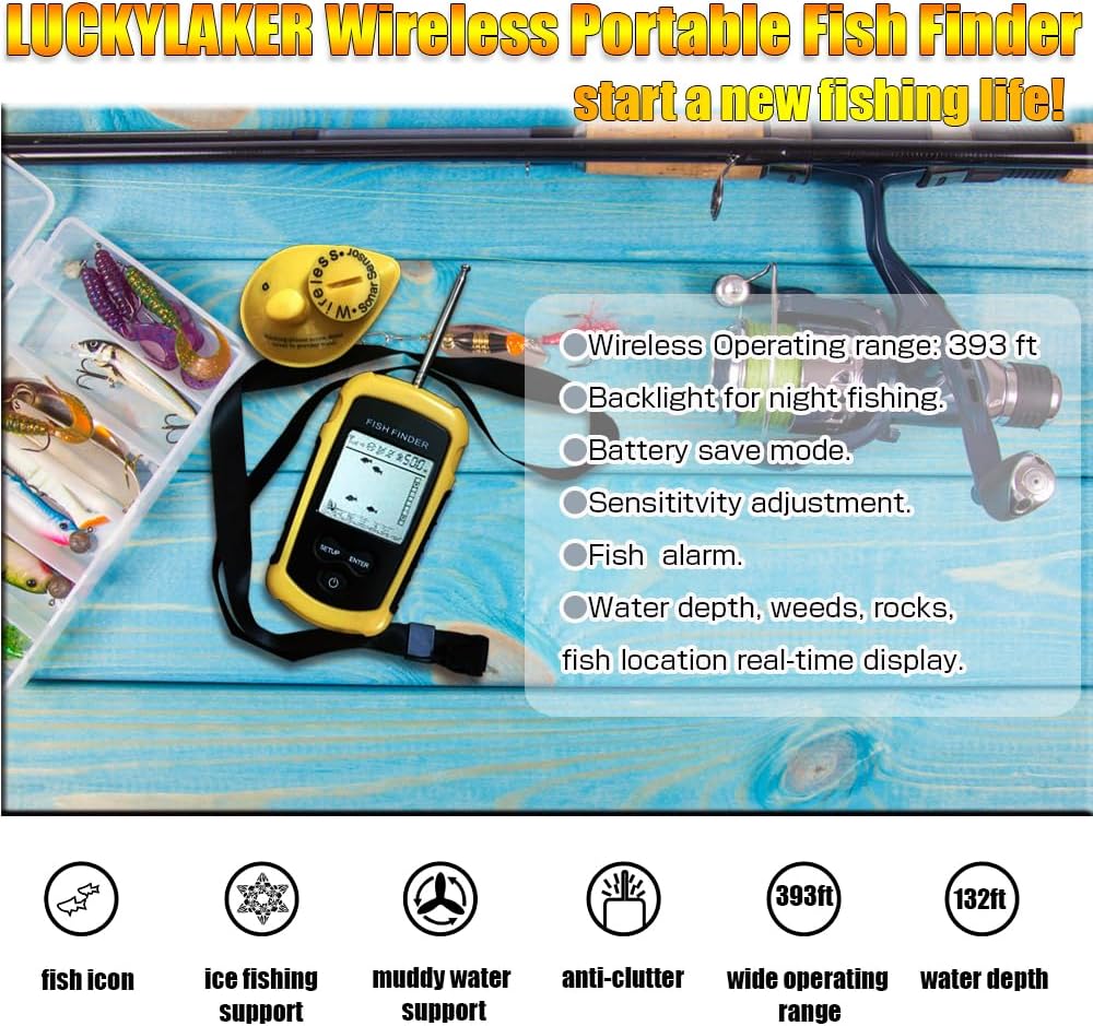 Luckylaker Portable Water Fish Finder Transducer Sonar Handheld Depth Finder Wireless Kayak Transducer Fish Finders Boat