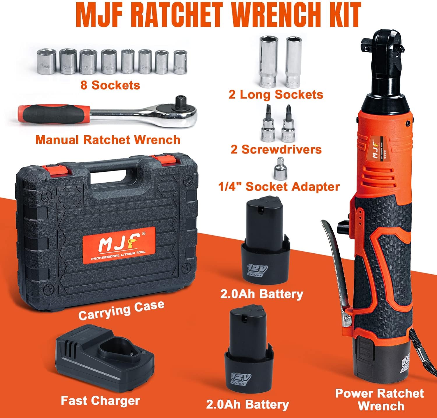 Mjf 3/8 Cordless Electric Ratchet Wrench Set, 12V Two 2.0Ah Batteries, 40 Ft-Lbs 400 Rpm, 13 Sockets, Variable Speed, Comes With Manual Ratchet Wrench