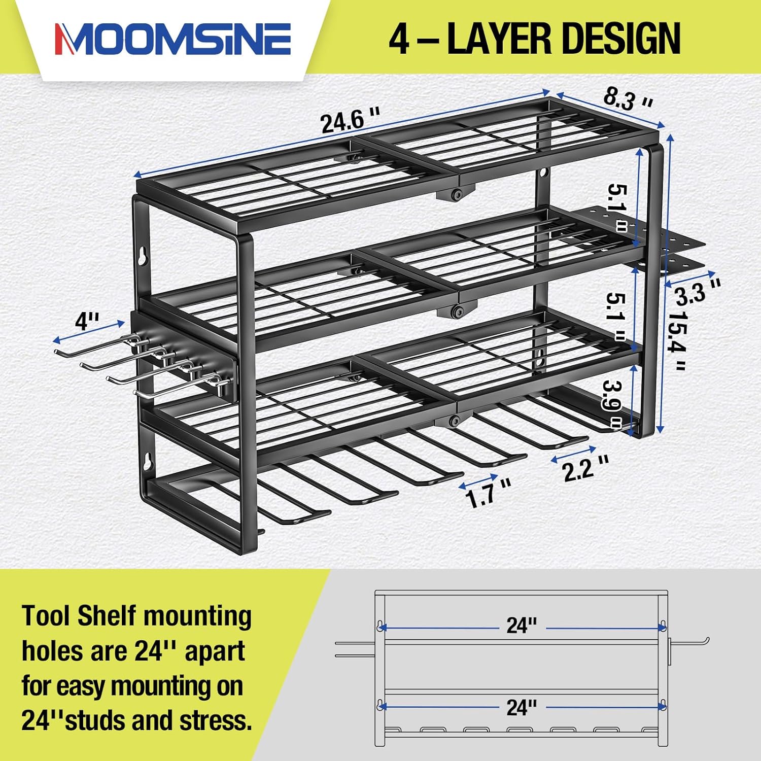 Moomsine 4 Layer Power Tool Organizer Wall Mount, Battery Tools Holder With Charging Station Shelf, Cordless Drill Hanger Storage Rack For Garage Organization, Workshop, Pegboard - 24 Inch 6 Slots
