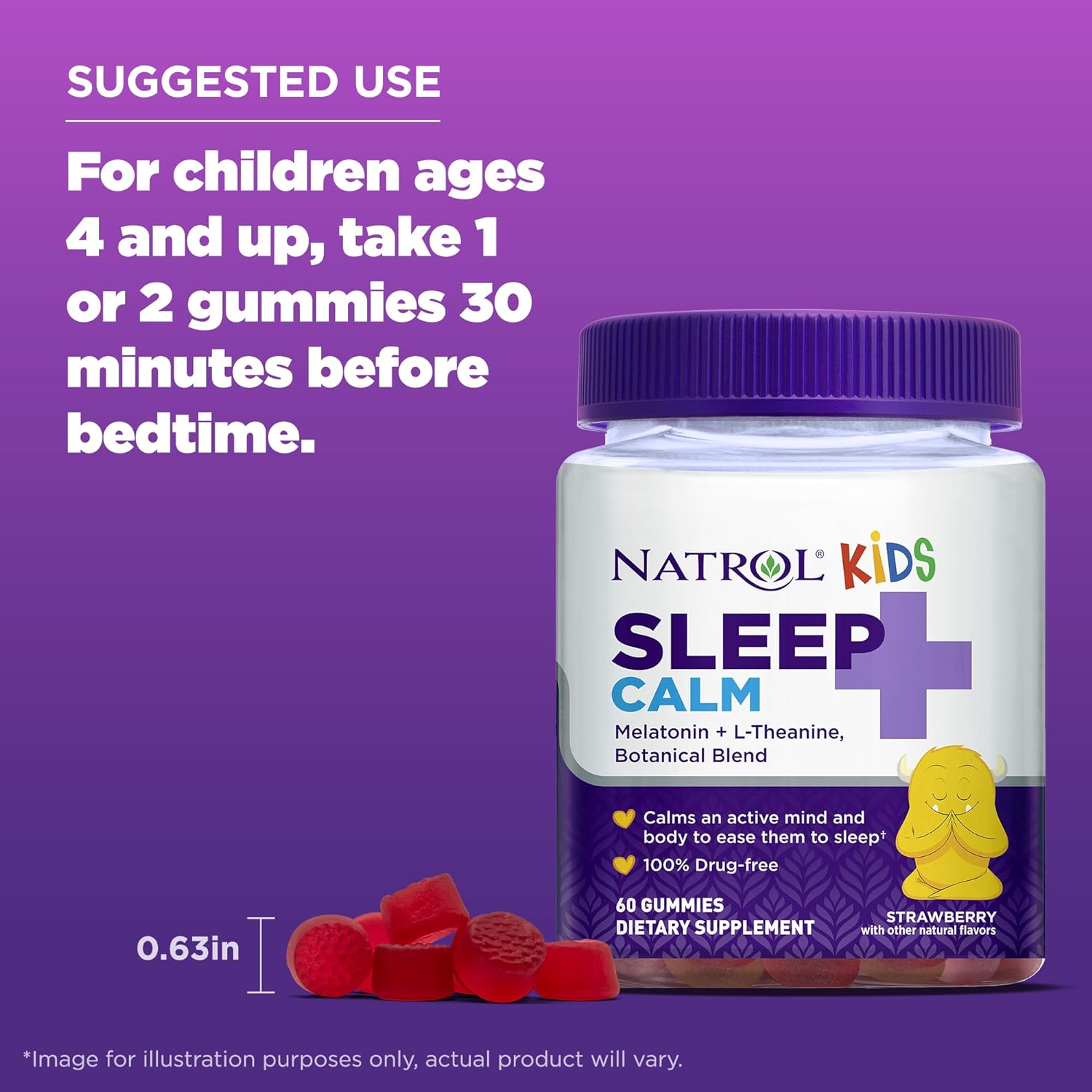 Natrol Kids Sleep+ Calm, Melatonin  L-Theanine, 60 Gummies (30-60 Servings), Drug Free Sleep Aid Supplement For Kids, Calm An Active Mind, Ease To Sleep, Gelatin  Gluten Free, Strawberry Flavored