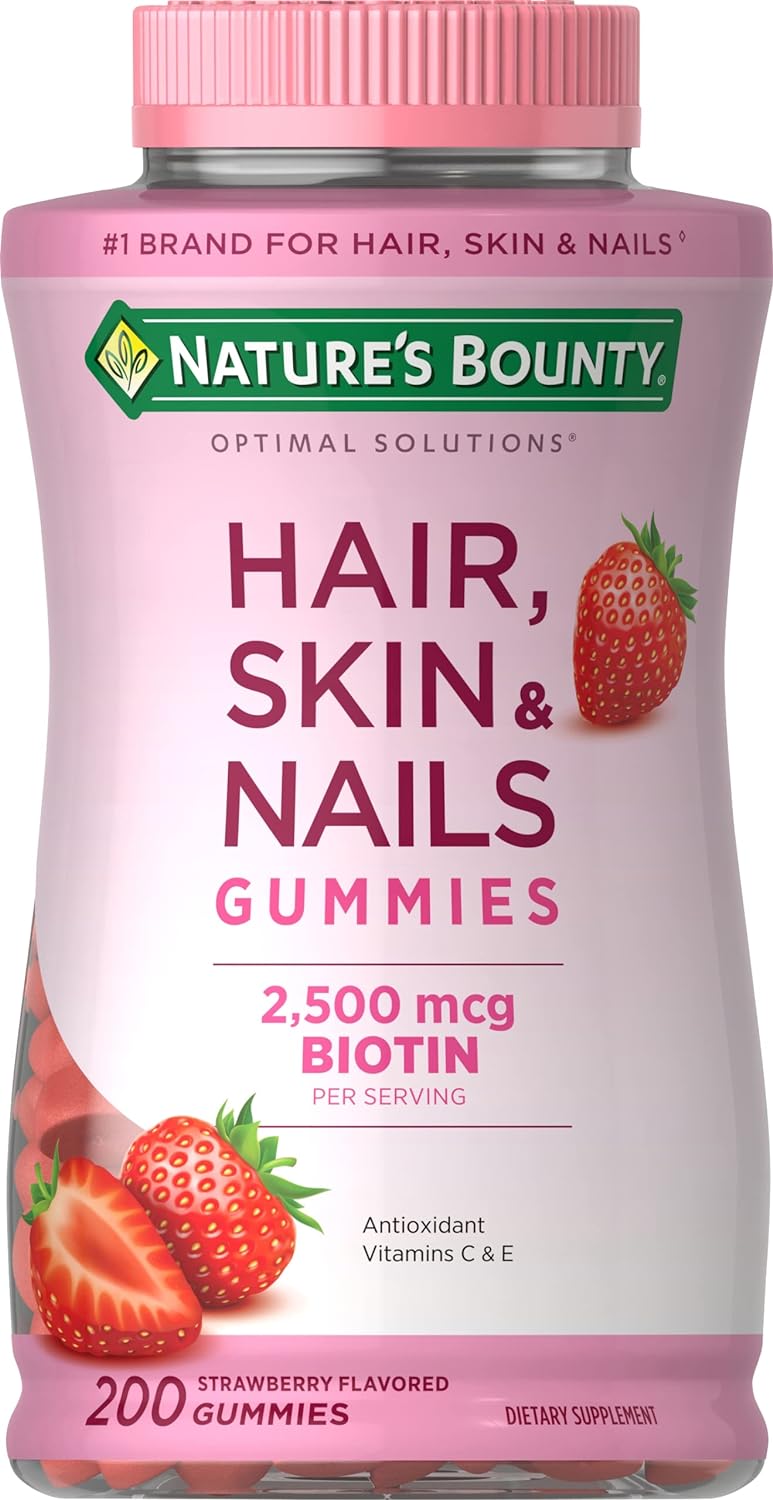 Natures Bounty Optimal Solutions Hair, Skin And Nails Gummies With Biotin, 25000 Mcg, Strawberry Flavored, 200 Count  Optimal Solutions Hair, Skin  Nails With Biotin And Collagen