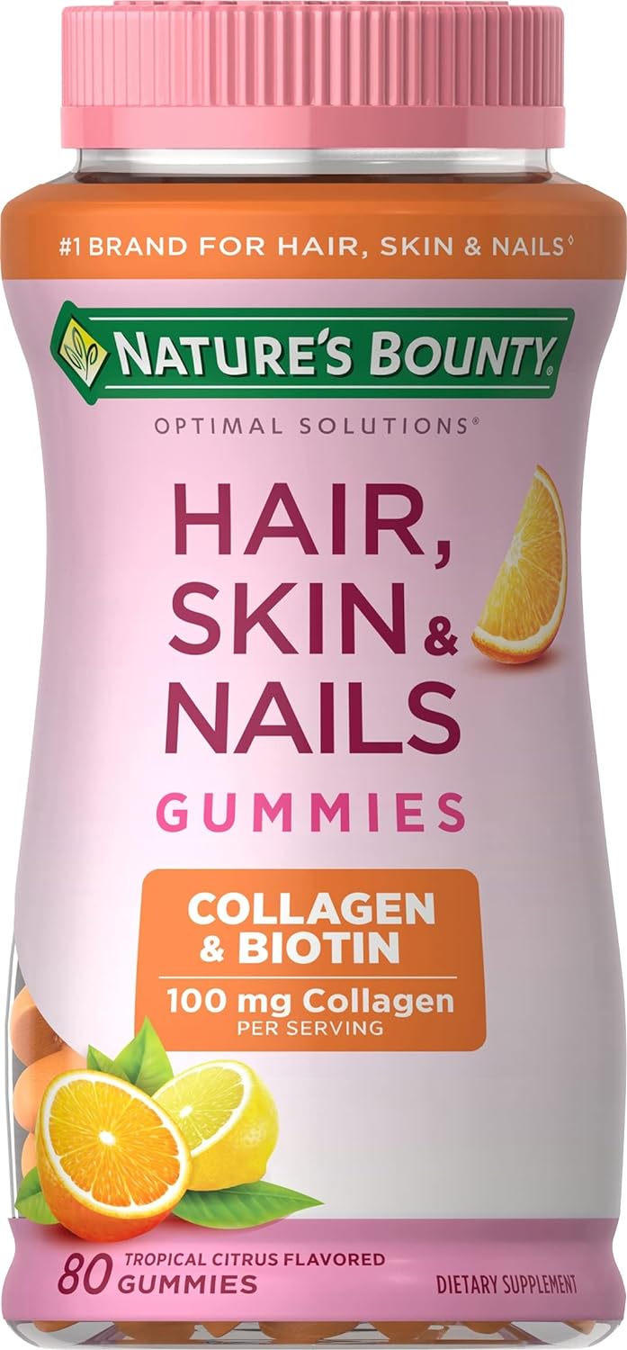 Natures Bounty Optimal Solutions Hair, Skin And Nails Gummies With Biotin, 25000 Mcg, Strawberry Flavored, 200 Count  Optimal Solutions Hair, Skin  Nails With Biotin And Collagen